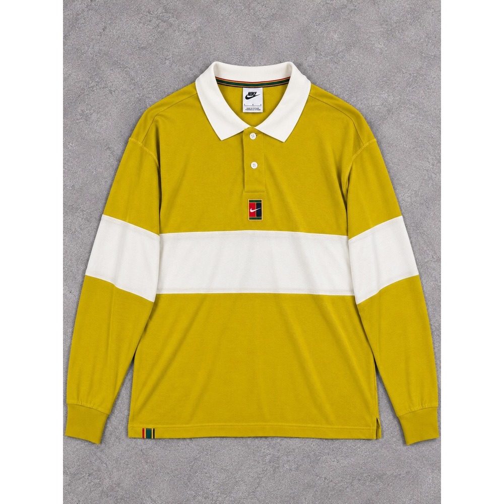 Nike Court Heritage Polo Mens Large Yellow Long Sleeve Tennis Rugby Stripe Retro